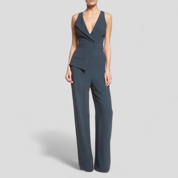 Luxe CUSHNIE ET OCHS Asymmetrical Menswear Inspired Blue Deep V Plunge Jumpsuit